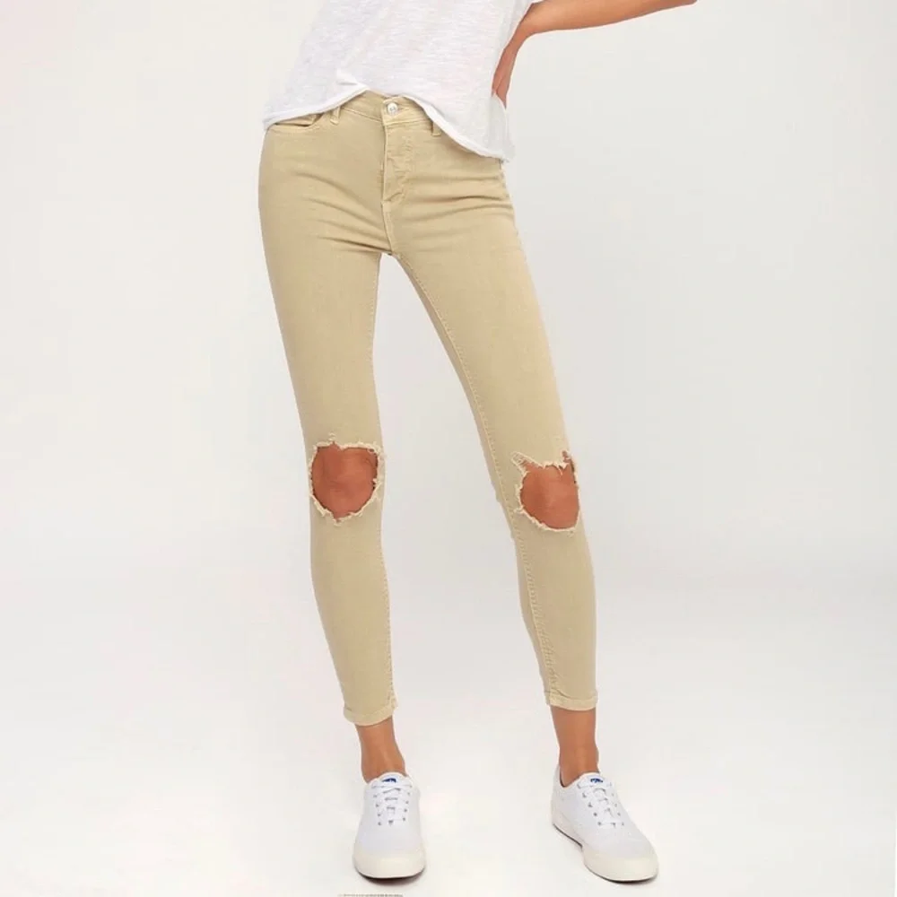 Free People Womens High Rise Busted Distressed Skinny Jeans Khaki Tan size 26